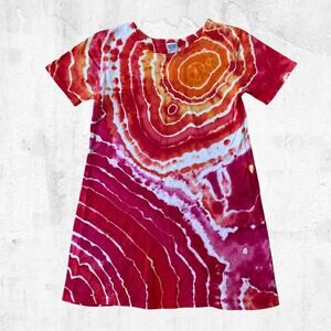 Girls Ice Dyed Short-sleeve Dress - Tie Dye A-line - Handmade (Kid's Size 10)